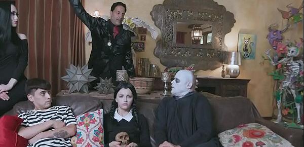  MILF Morticia enjoys her stepsons hard   cock while Wednesday gets pound by   stepdad